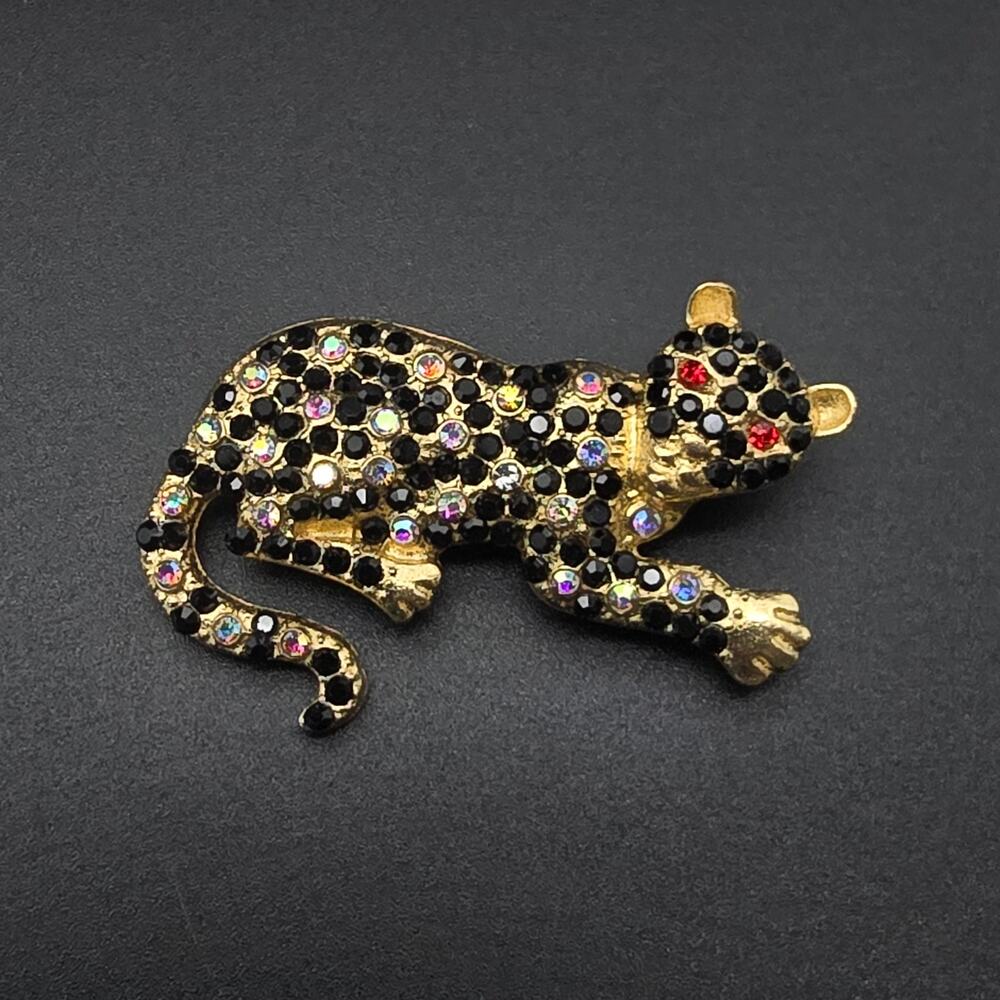 Black Rhinestone Panther Leopard Brooch Big Cat Red Eyes